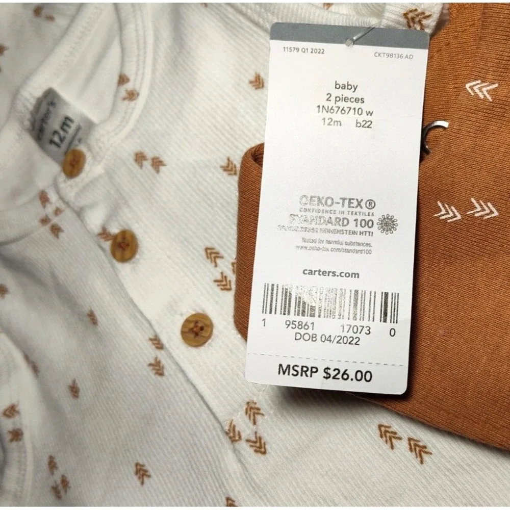 Carter's Baby 12 Mos White Longall Outfit & Brown Bandana Bib Arrows Set 2pc NWT